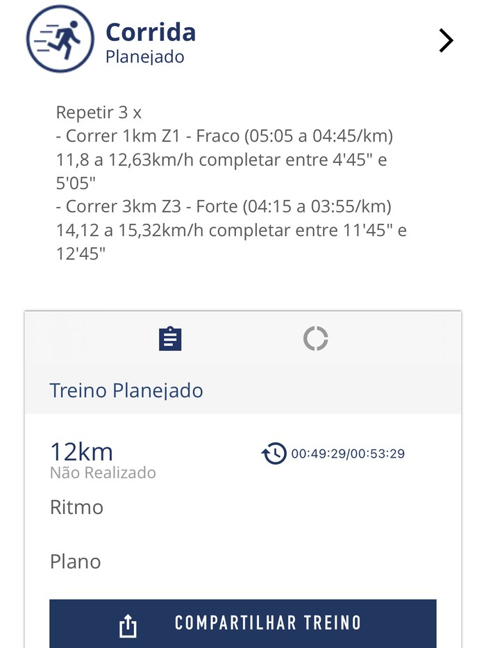 Tela do aplicativo Treinus com uma planilha de treino da DD